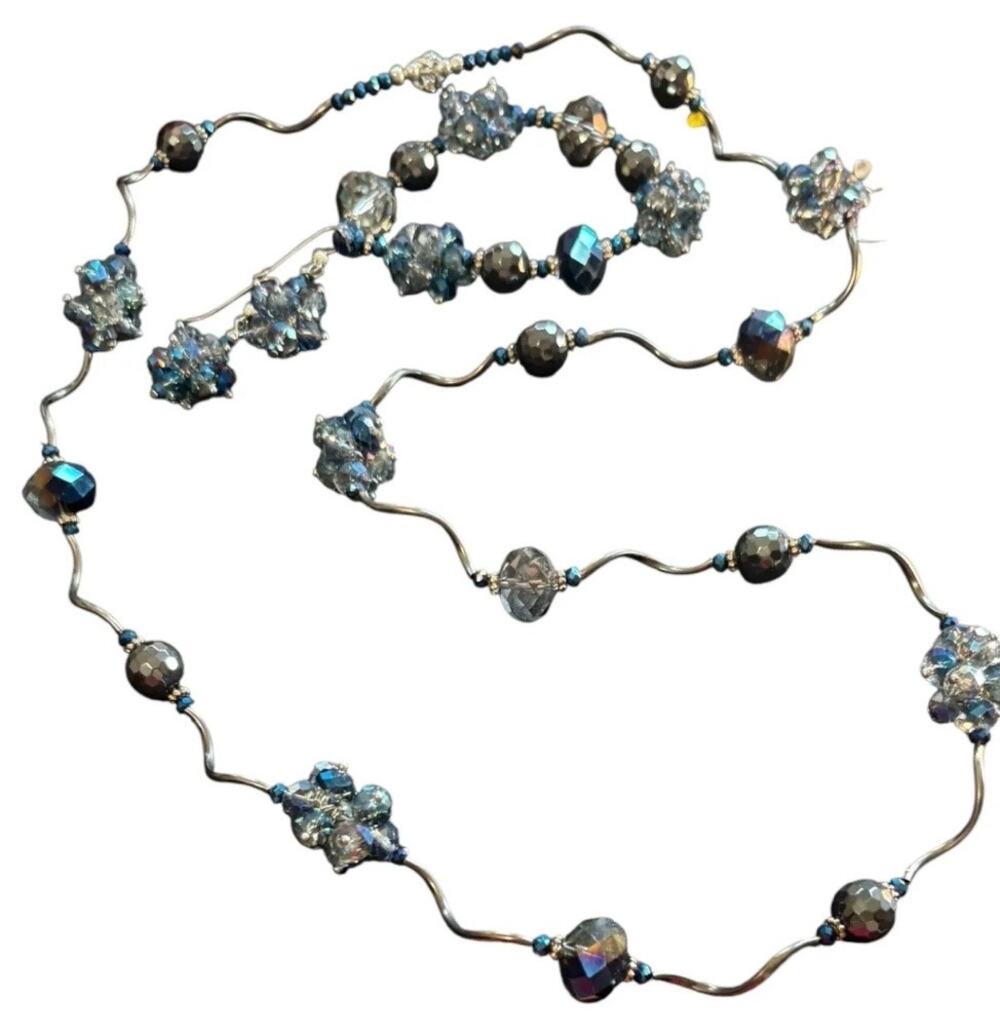 Artisan Blue Crystal Jewelry Set Necklace Bracelet Earring Wavy Handmade Sparkle